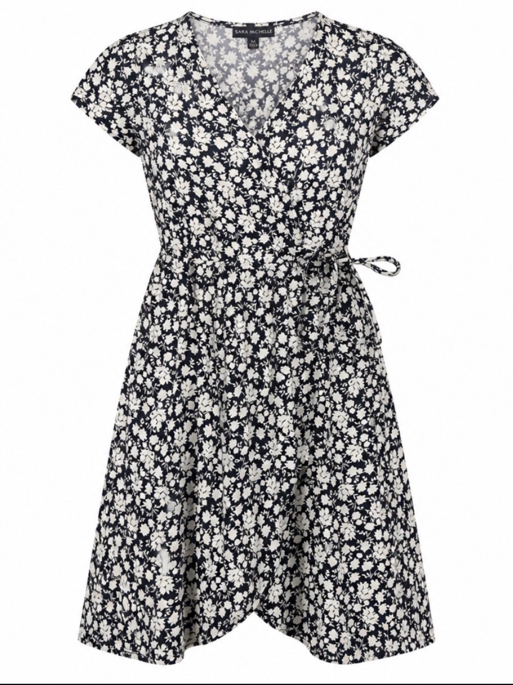 Sara Michelle Floral Wrap Midi Dress Medium Black White Cap Sleeve Tie Waist M